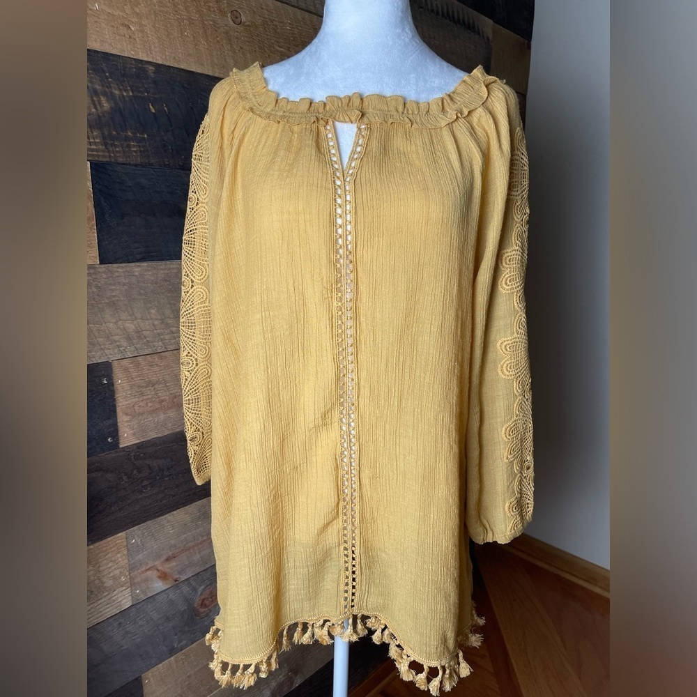 Multiples Yellow Crochet Tassel Bohemian Top, Size XL